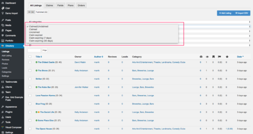 Ability To Filter Claimed Listings In WordPress Dashboard