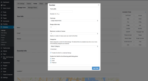 Number Slider Field Category Based Settings