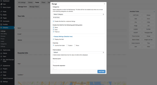 Range Field Category And Display Settings