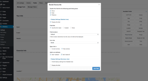 Social Accounts Field Display Settings