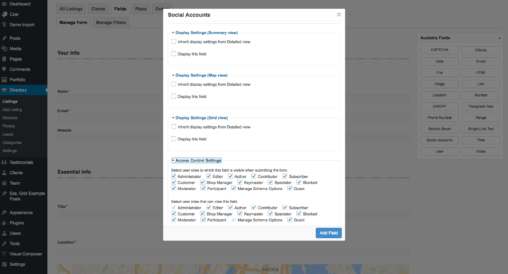 Social Accounts Field  User Role Based Settings